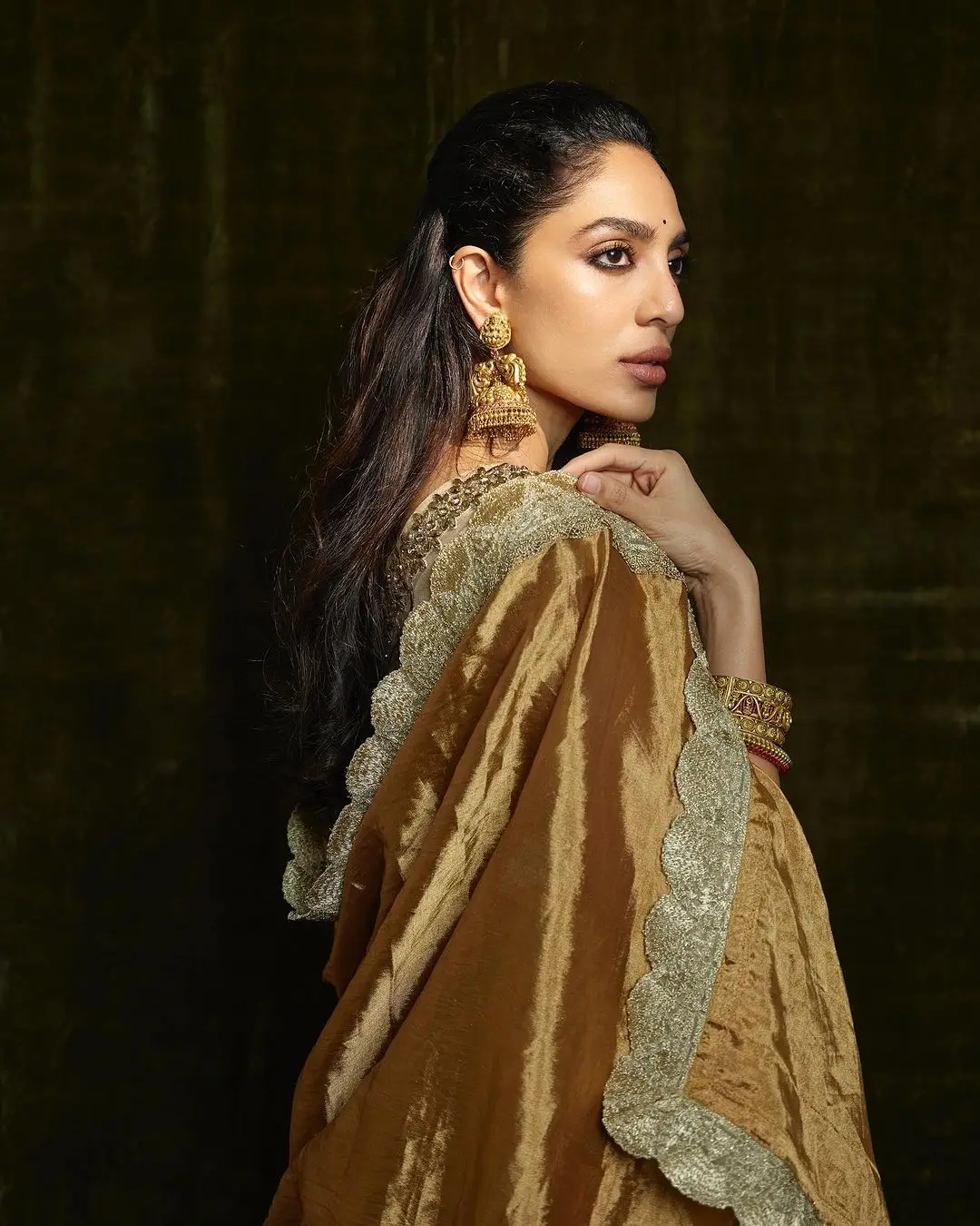 Sobhita Dhulipala Wearing Beautiful Earrings Jewellery Orange Saree Blouse